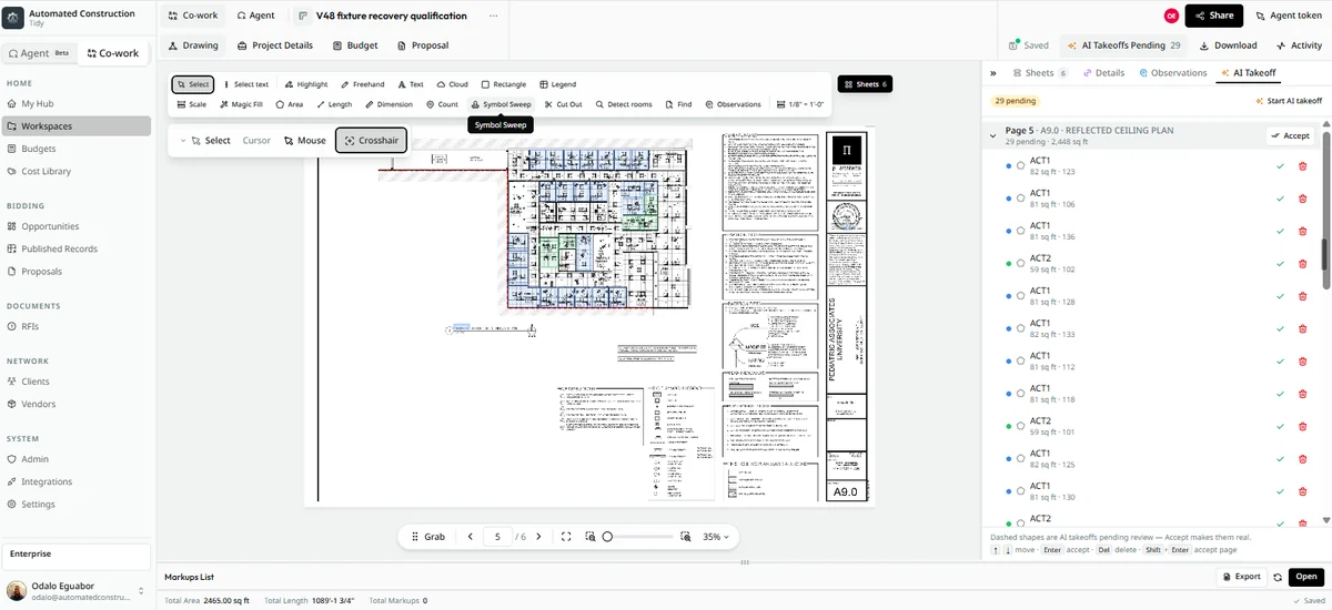 Tidy workspace on reflected ceiling plan A9.0 with the AI Takeoff panel listing 29 pending ACT1 and ACT2 ceiling areas, each with accept and delete buttons