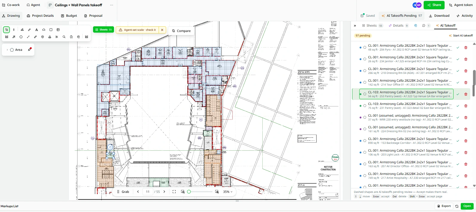 Tidy takeoff workspace with a reflected ceiling plan measured by the AI and a list of 97 AI takeoffs pending review, each with accept and delete buttons
